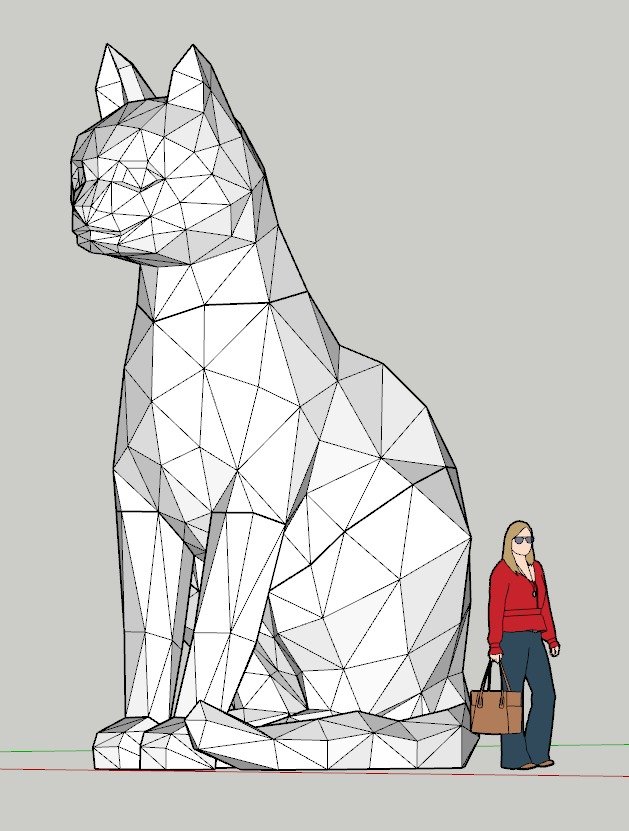 A 3D model of the sculpture with a human figure beside it showing the scale
